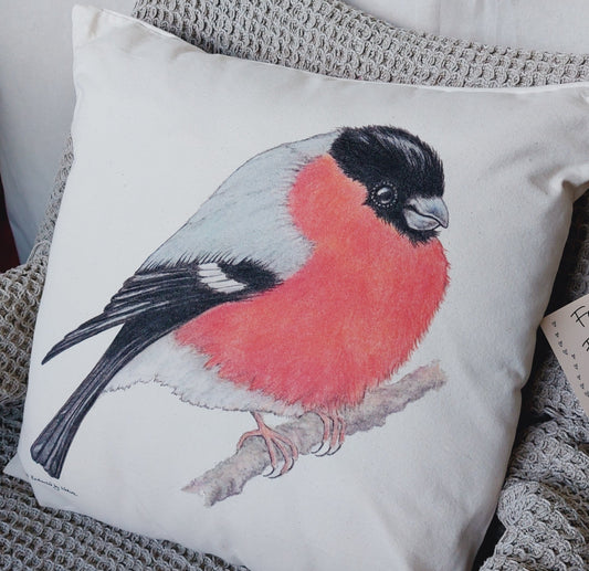Cushion with Bullfinch painting by Fairy Flint printed with eco friendly inks