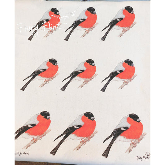Tea towel with Bullfinch painting repeated 9 times by Fairy Flint printed with eco friendly inks