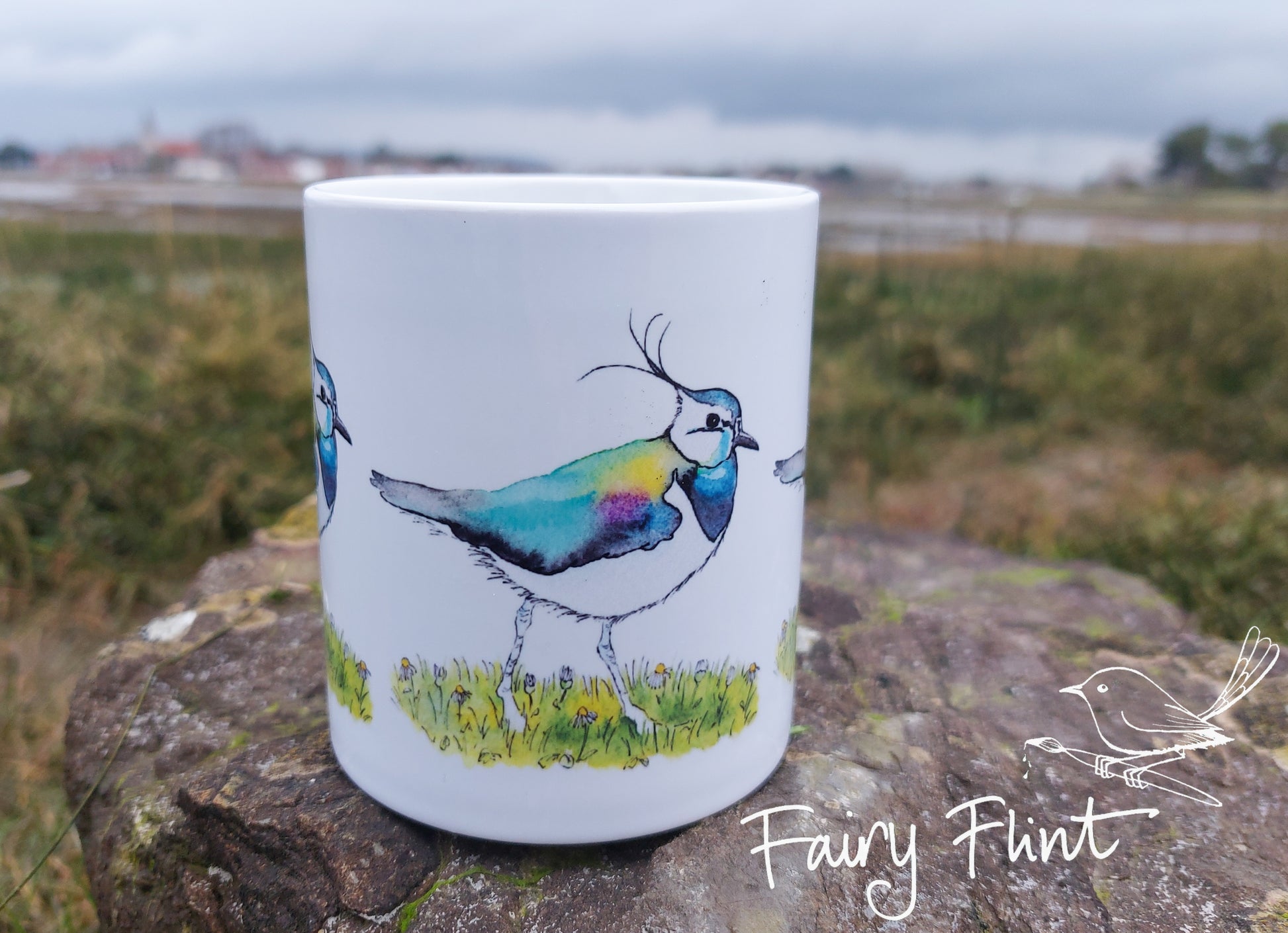 Ceramic mug with lapwings on by Fairy Flint 