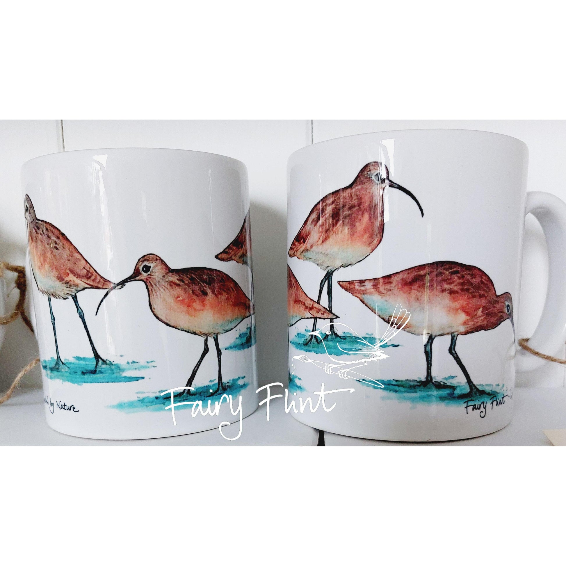 Ceramic mug with Curlew painting by Fairy Flint, printed withy eco friendly inks