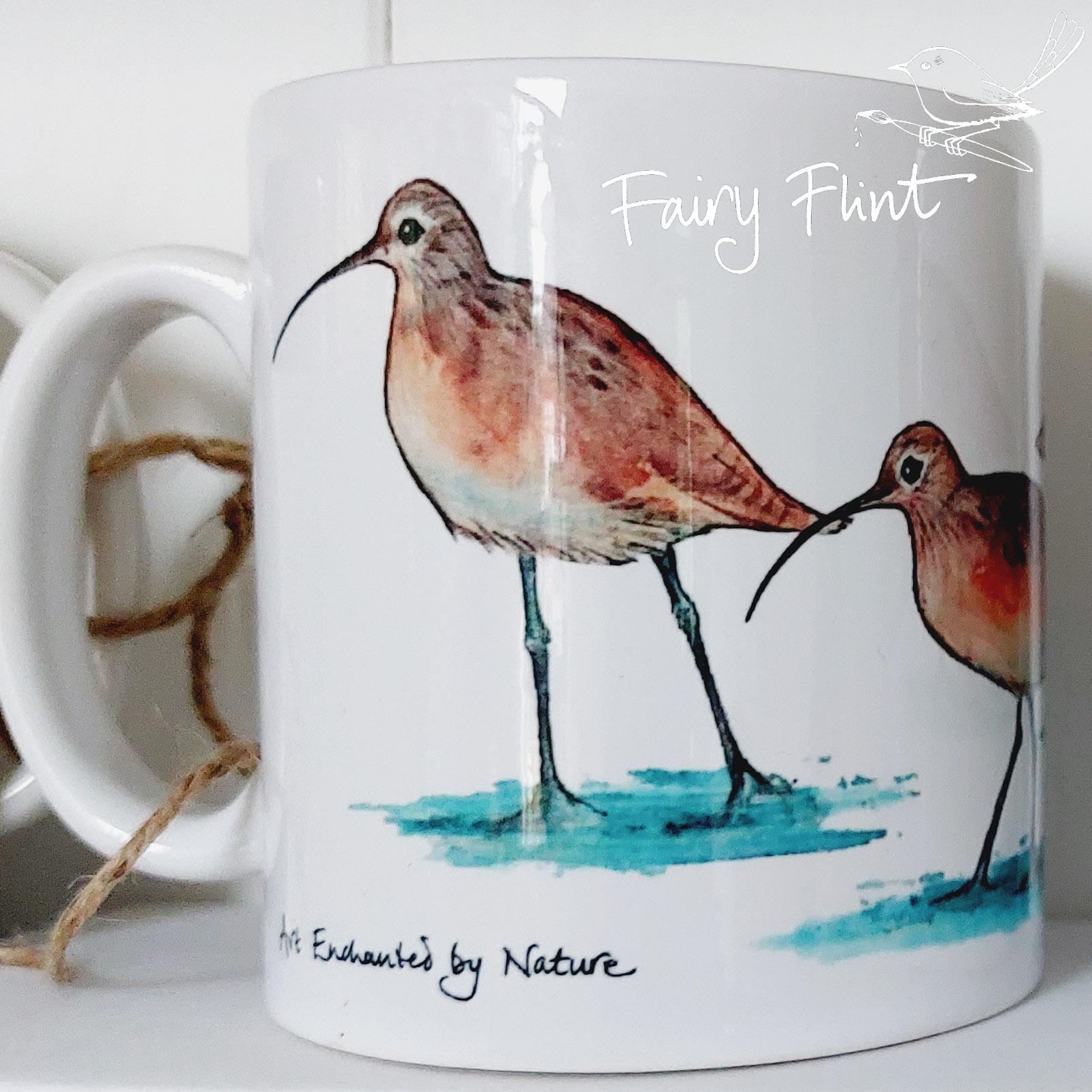 Ceramic mug with Curlew painting by Fairy Flint, printed withy eco friendly inks