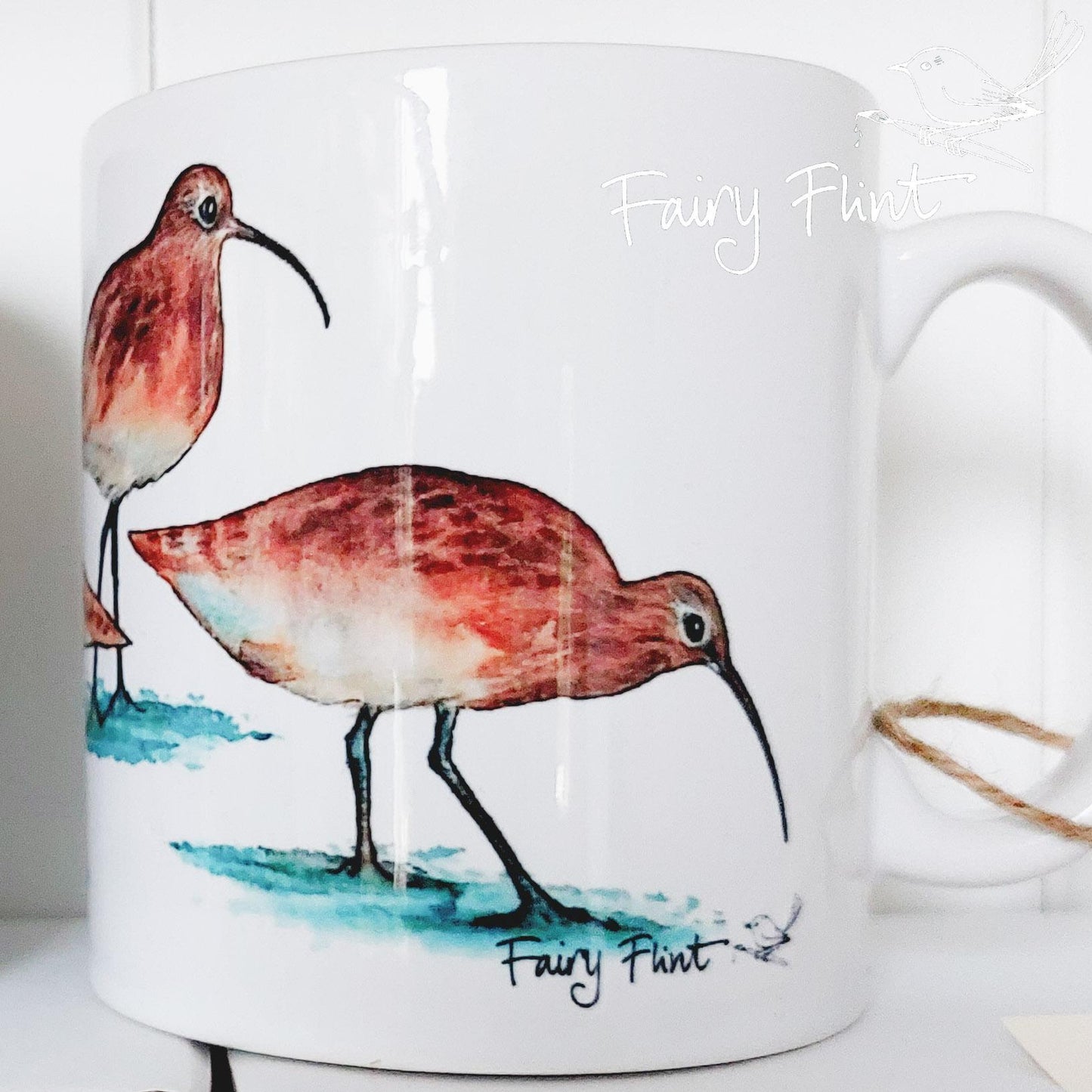 Ceramic mug with Curlew painting by Fairy Flint, printed withy eco friendly inks