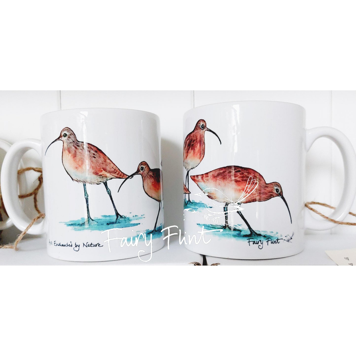 Ceramic mug with Curlew painting by Fairy Flint, printed withy eco friendly inks