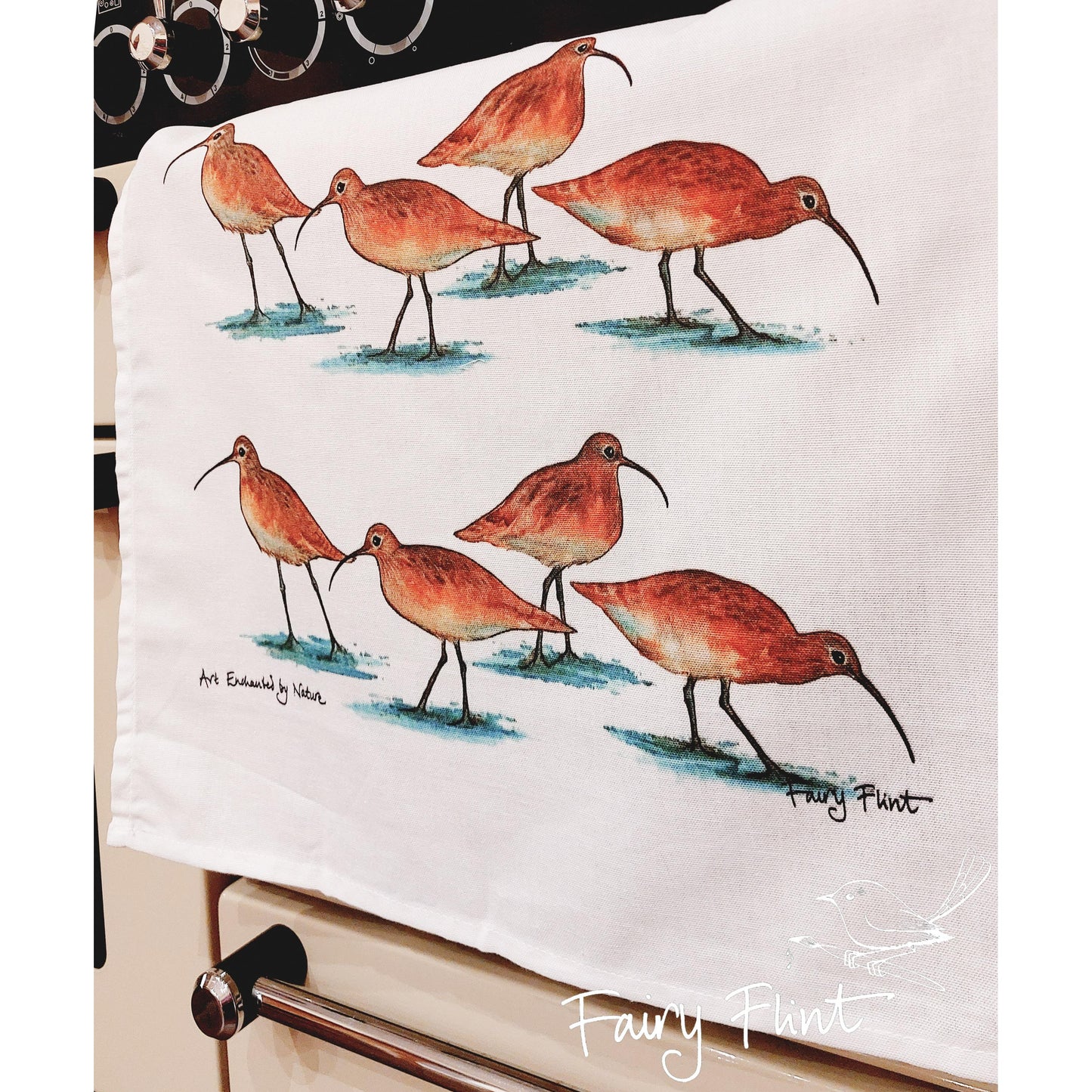 Tea towel with Curlew painting by Fairy Flint, printed withy eco friendly inks, photoshoot at Eaton Manor, Shropshire, Tea towel hangs over Range cooker handle