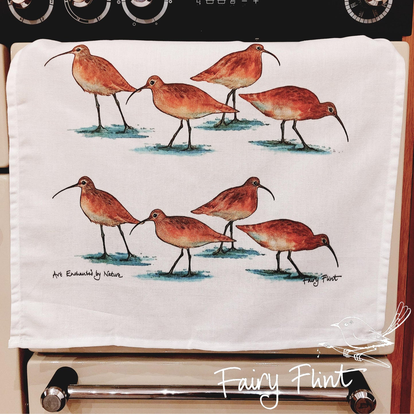 Tea towel with Curlew painting by Fairy Flint, printed withy eco friendly inks, photoshoot at Eaton Manor, Shropshire, Tea towel hangs over Range cooker handle