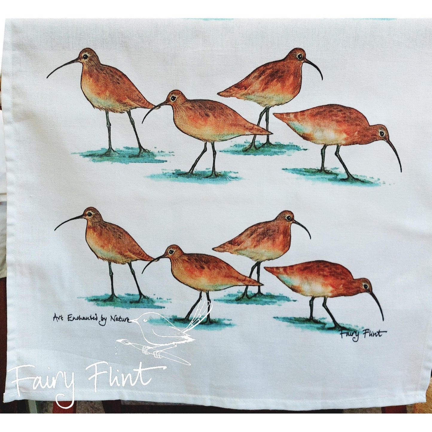 Tea towel with Curlew painting by Fairy Flint, printed withy eco friendly inks, photoshoot at Eaton Manor, Shropshire