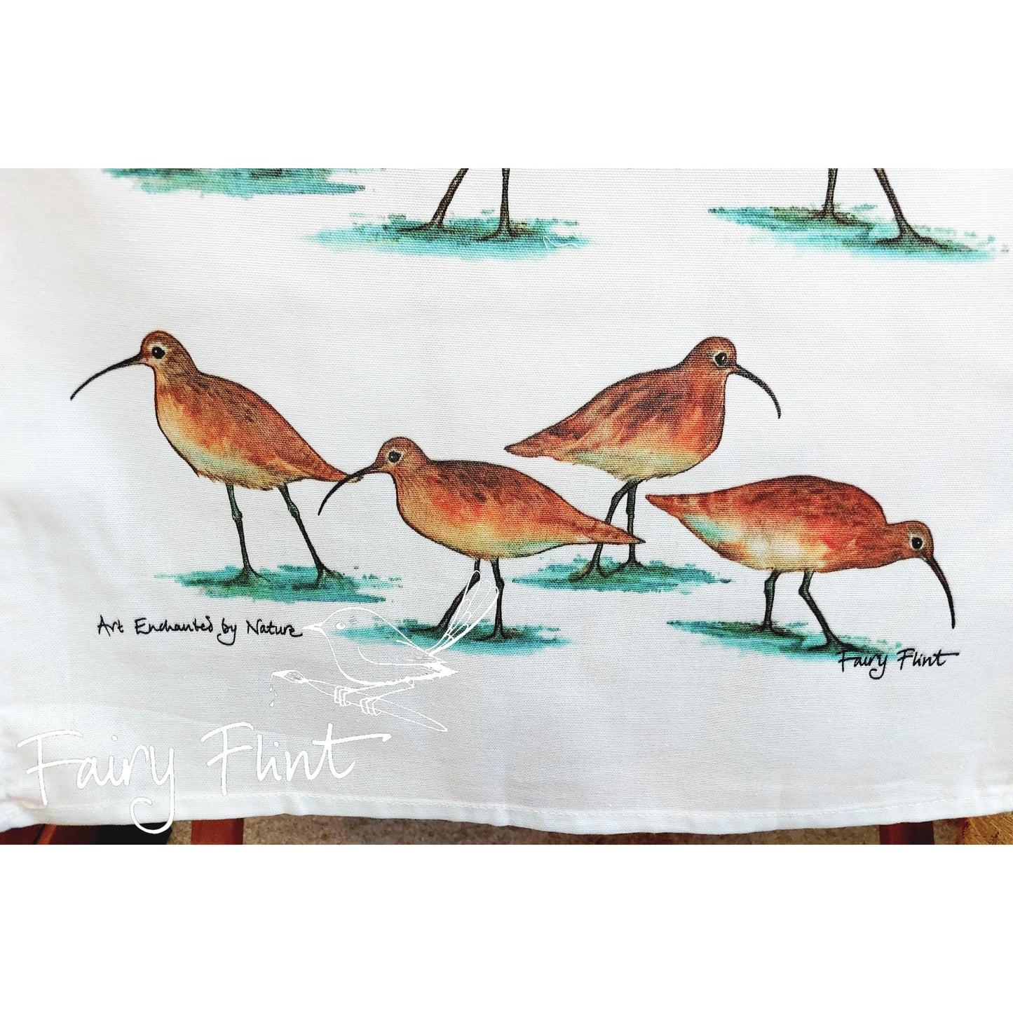 Tea towel with Curlew painting by Fairy Flint, printed withy eco friendly inks, photoshoot at Eaton Manor, Shropshire