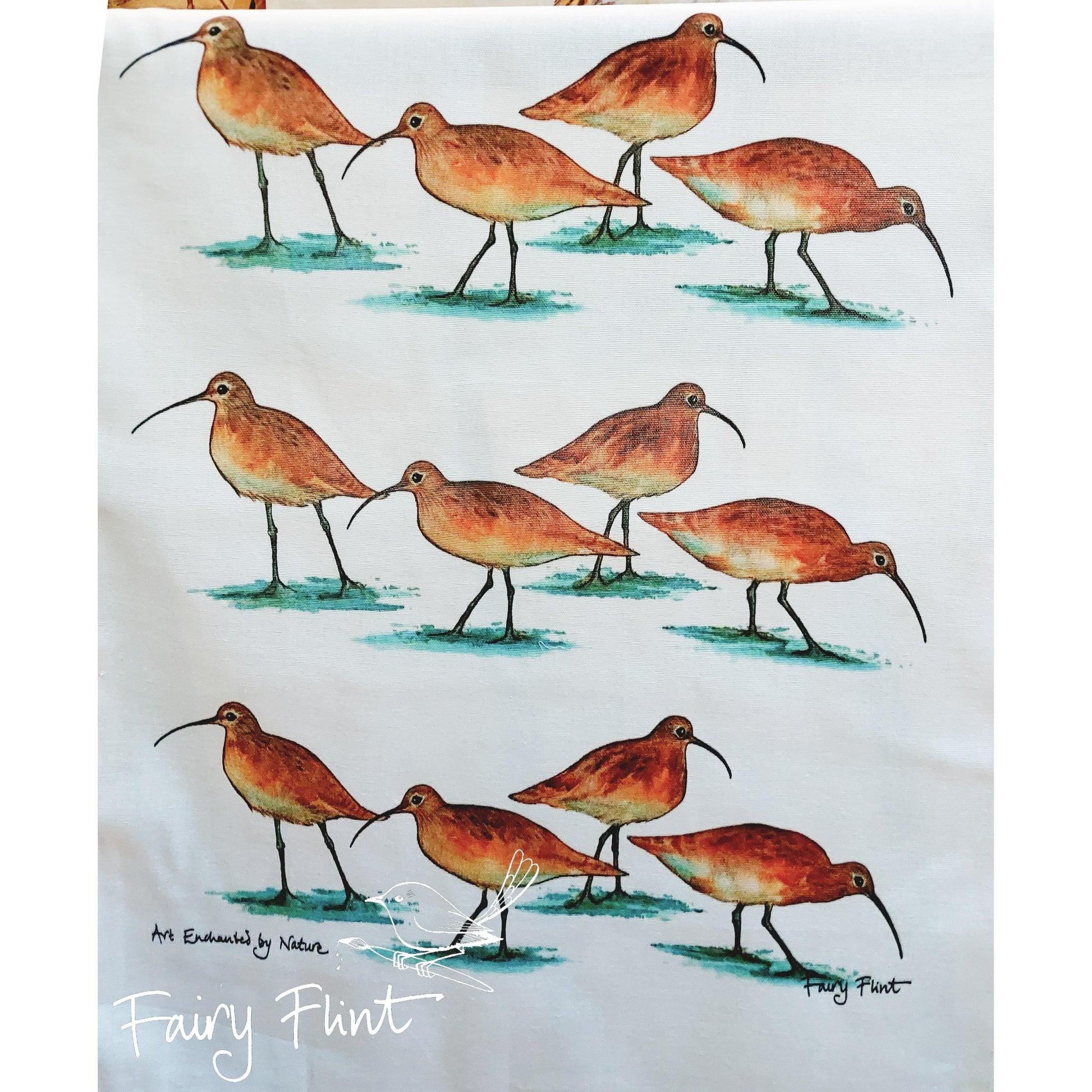 Tea towel with Curlew painting by Fairy Flint, printed withy eco friendly inks, photoshoot at Eaton Manor, Shropshire