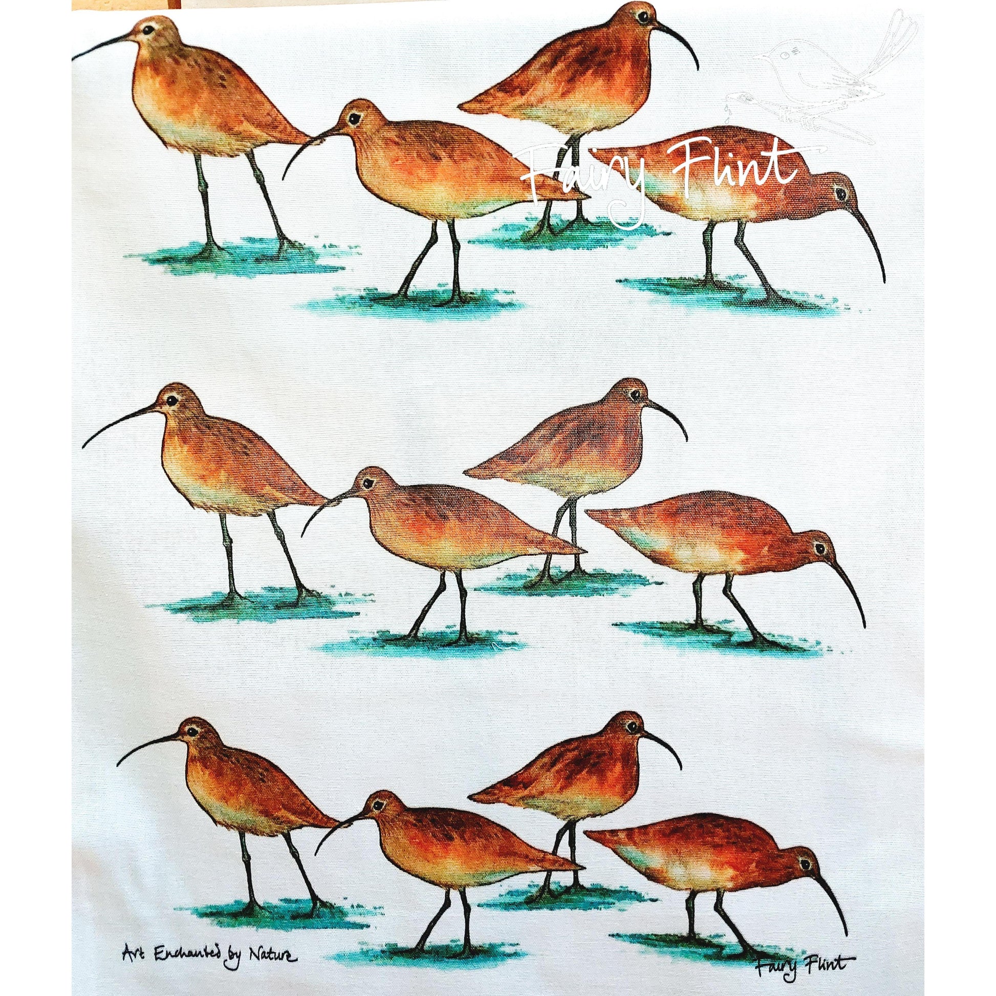 Tea towel with Curlew painting by Fairy Flint, printed withy eco friendly inks, photoshoot at Eaton Manor, Shropshire