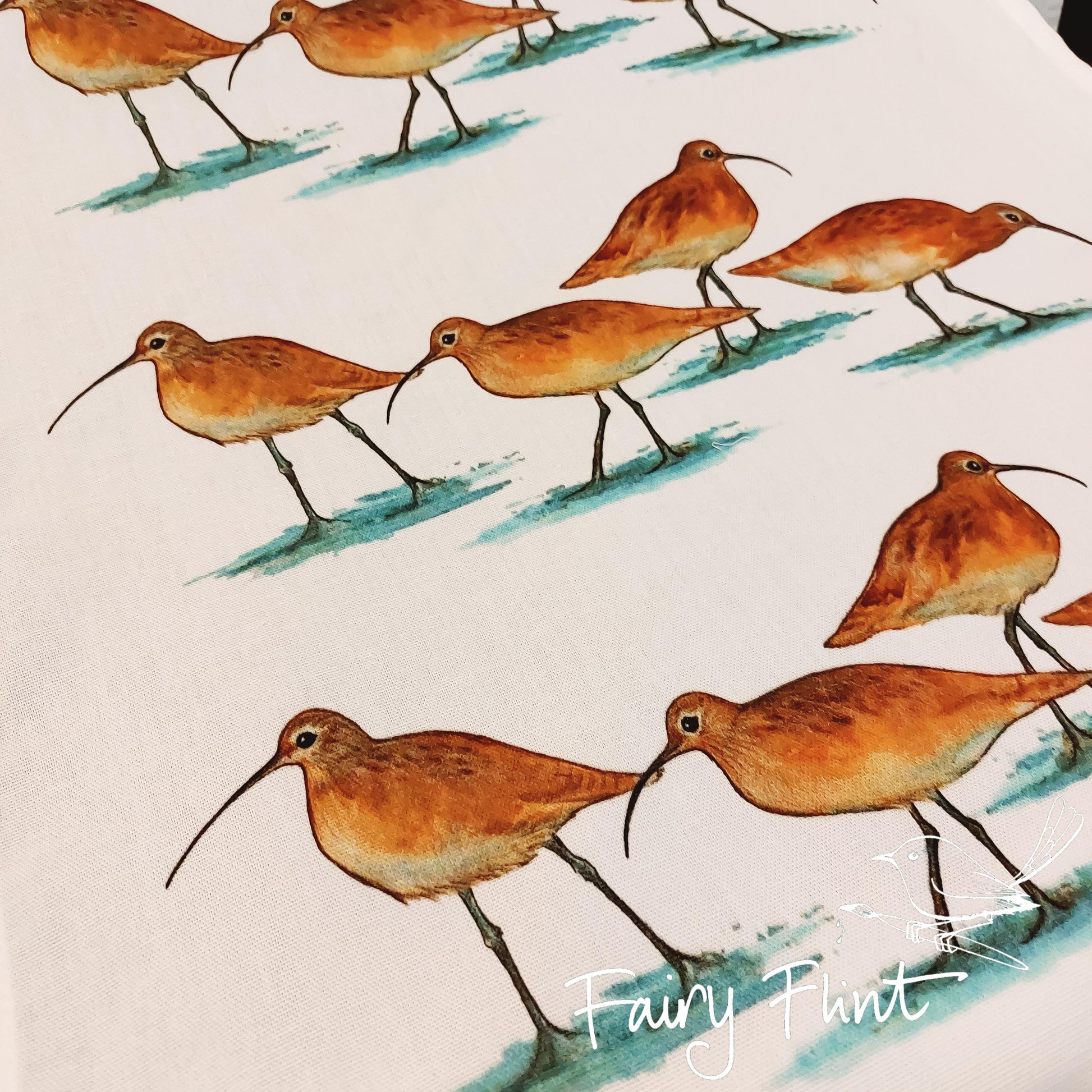 Tea towel with Curlew painting by Fairy Flint, printed withy eco friendly inks, photoshoot at Eaton Manor, Shropshire