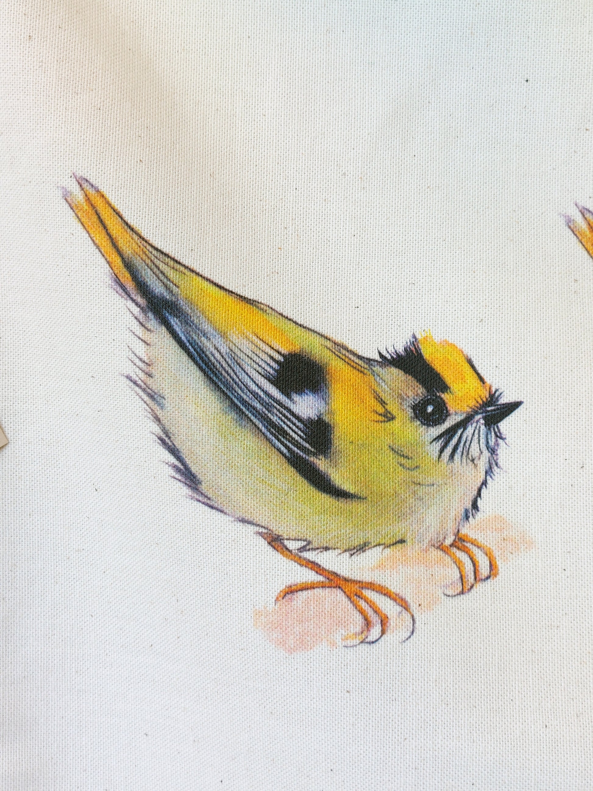 Tea towel with goldcrest by Fairy Flint 