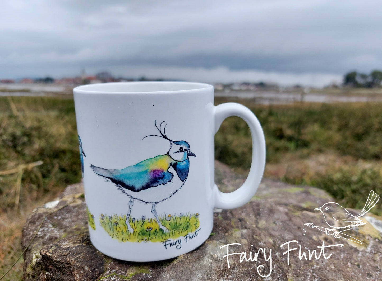 Lapwing on ceramic mug by Fairy Flint 