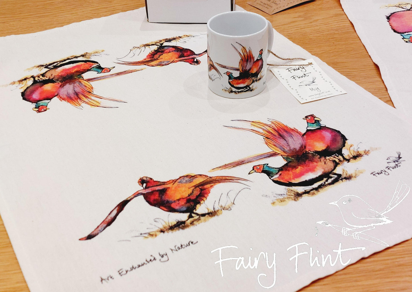 Tea towel with eco print Pheasant painting design by Fairy Flint photoshoot at Eaton Manor Shropshire