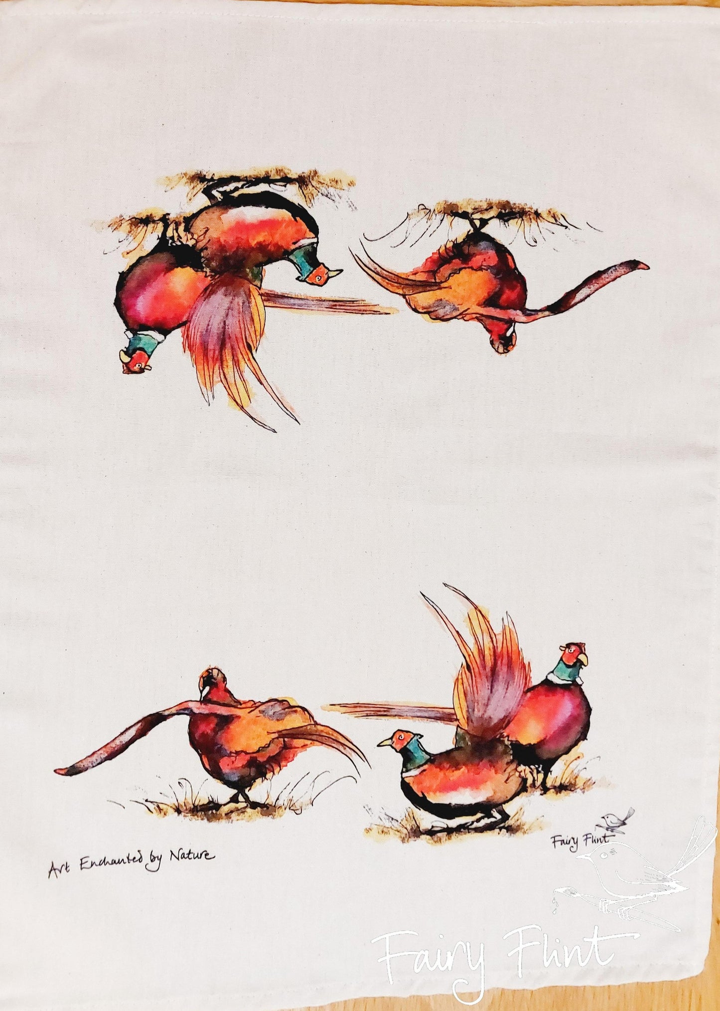 Tea towel with eco print Pheasant painting design by Fairy Flint photoshoot at Eaton Manor Shropshire