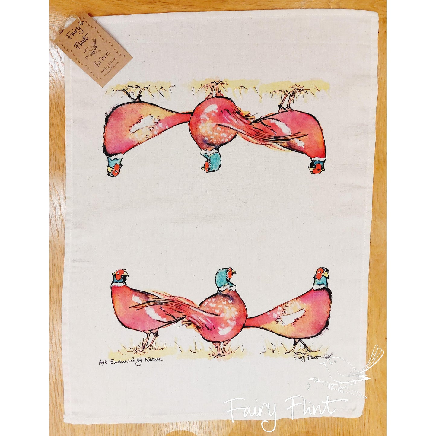 Tea towel with eco print Pheasant painting design by Fairy Flint photoshoot at Eaton Manor Shropshire