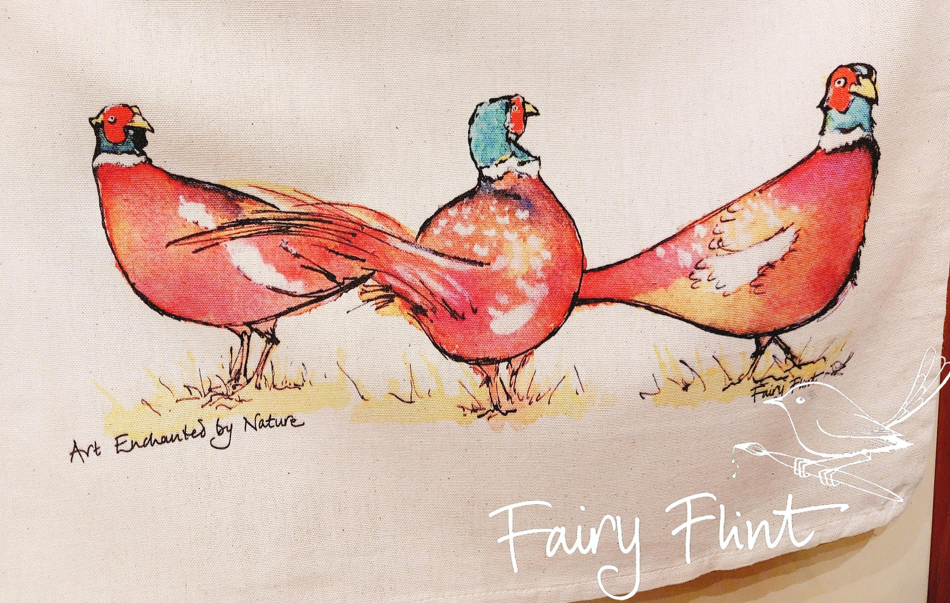 Tea towel with eco print Pheasant painting design by Fairy Flint photoshoot at Eaton Manor Shropshire