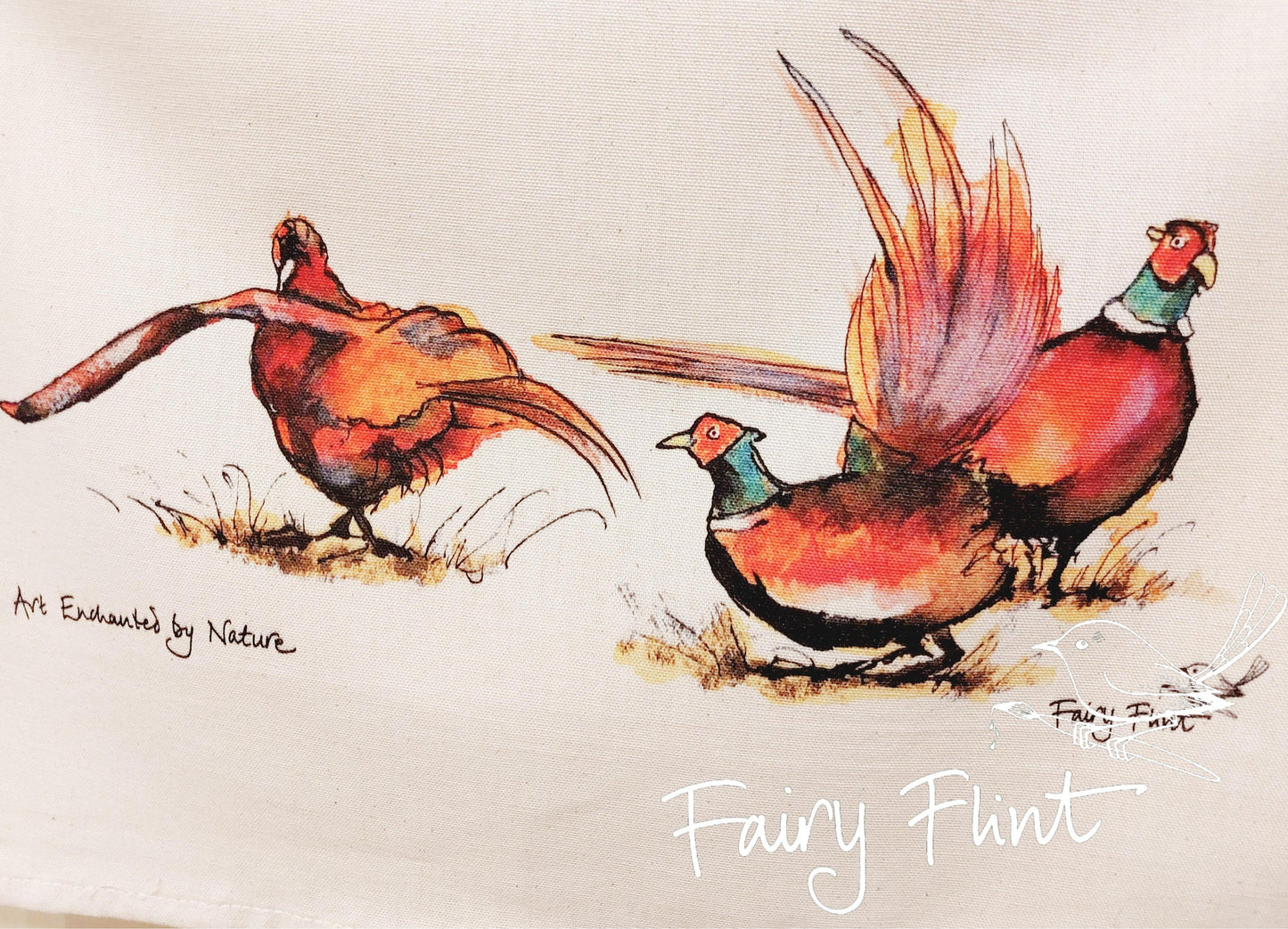 Tea towel with eco print Pheasant painting design by Fairy Flint photoshoot at Eaton Manor Shropshire