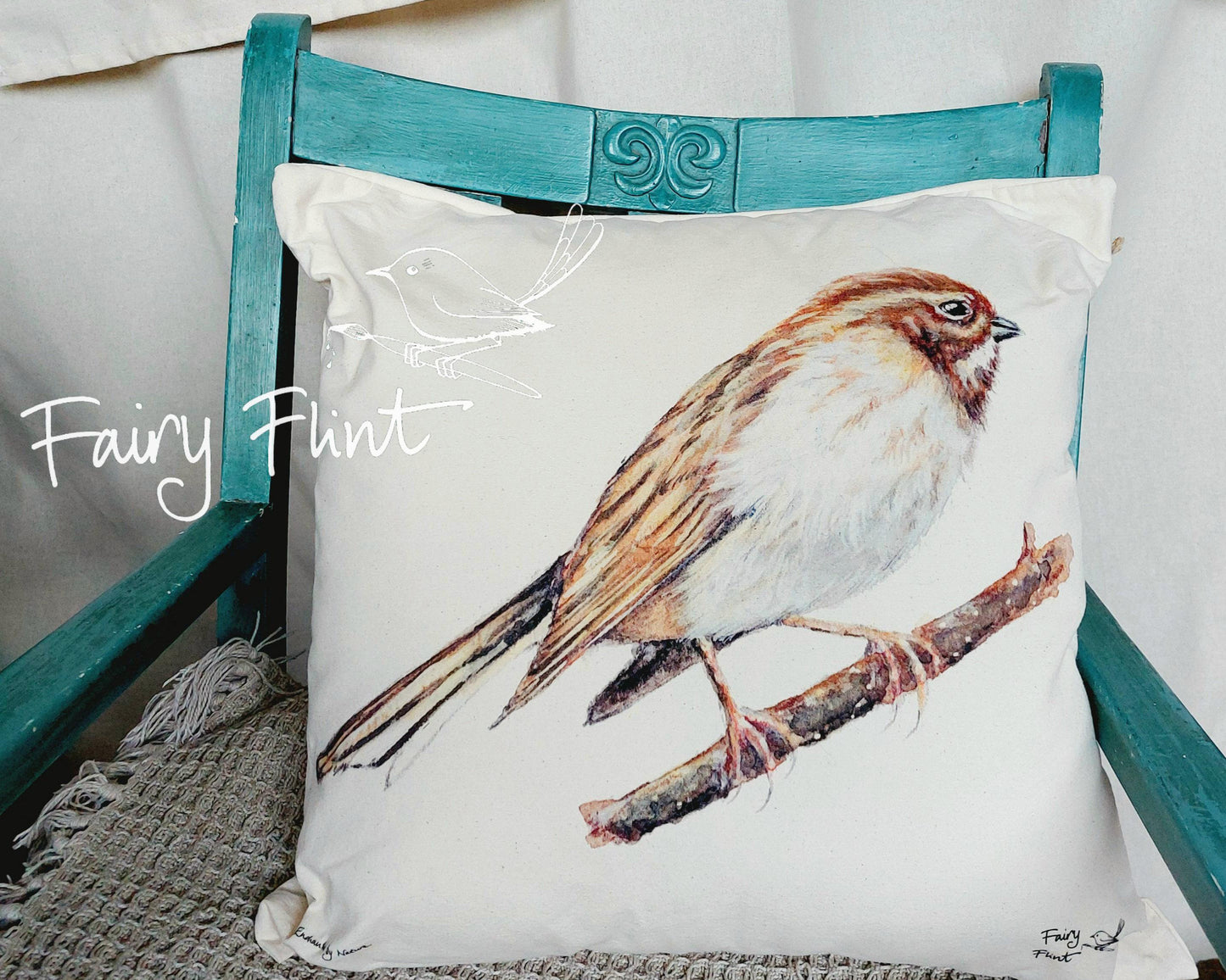 Reed Bunting on natural cushion by Fairy Flint 