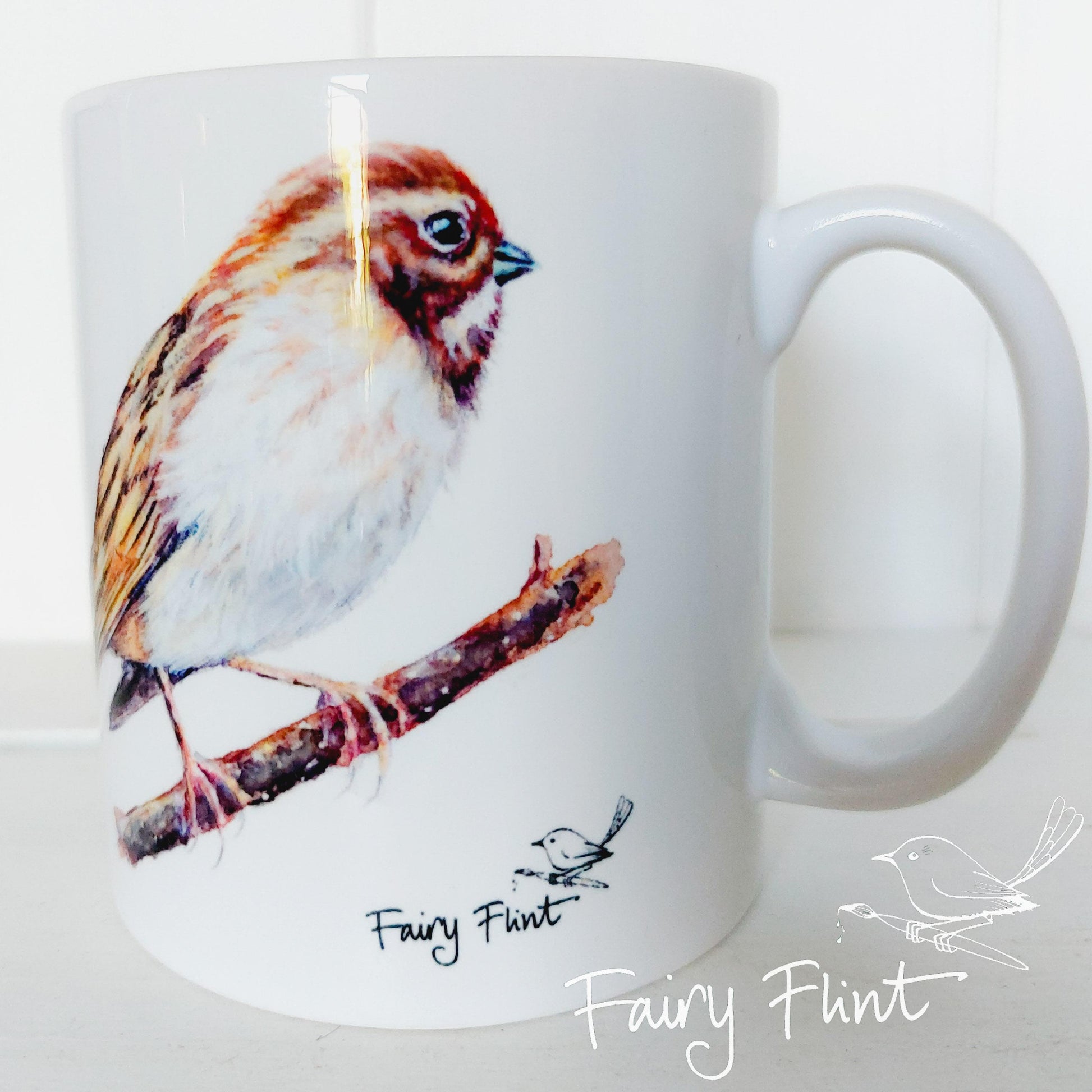 Mug with reed Bunting painting 