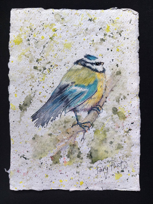 Blue tit painted on handmade paper by Fairy Flint