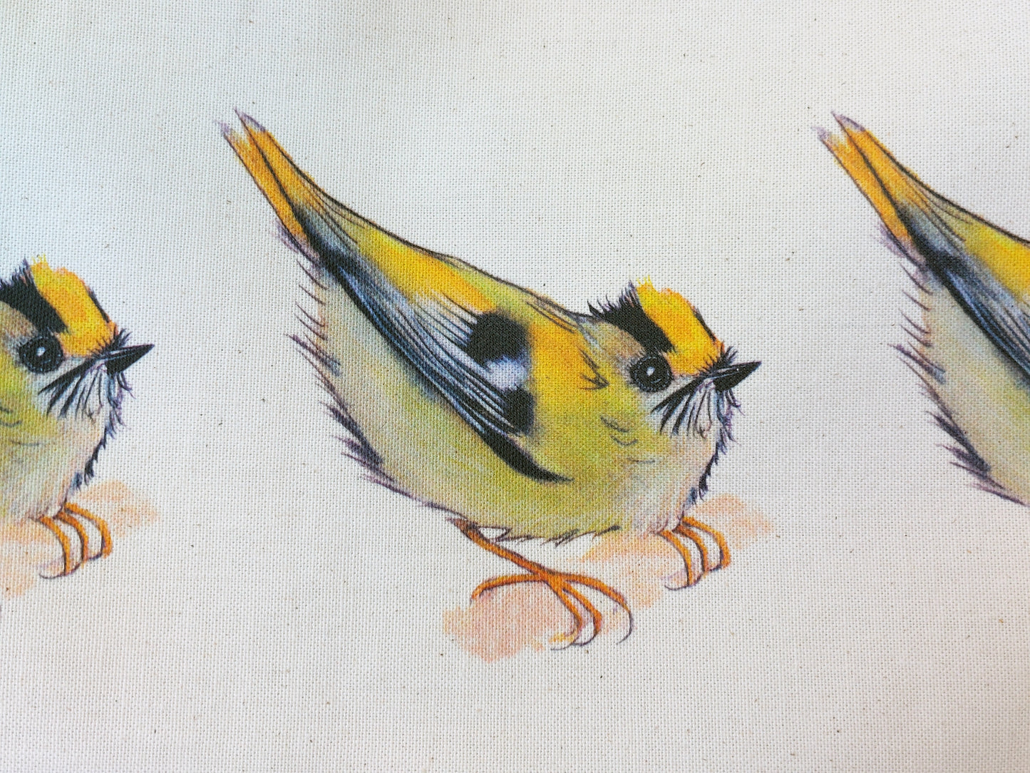 Tea towel with goldcrest by Fairy Flint 