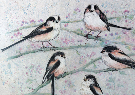 Detail of original painting of Long-tailed tits by Fairy Flint 