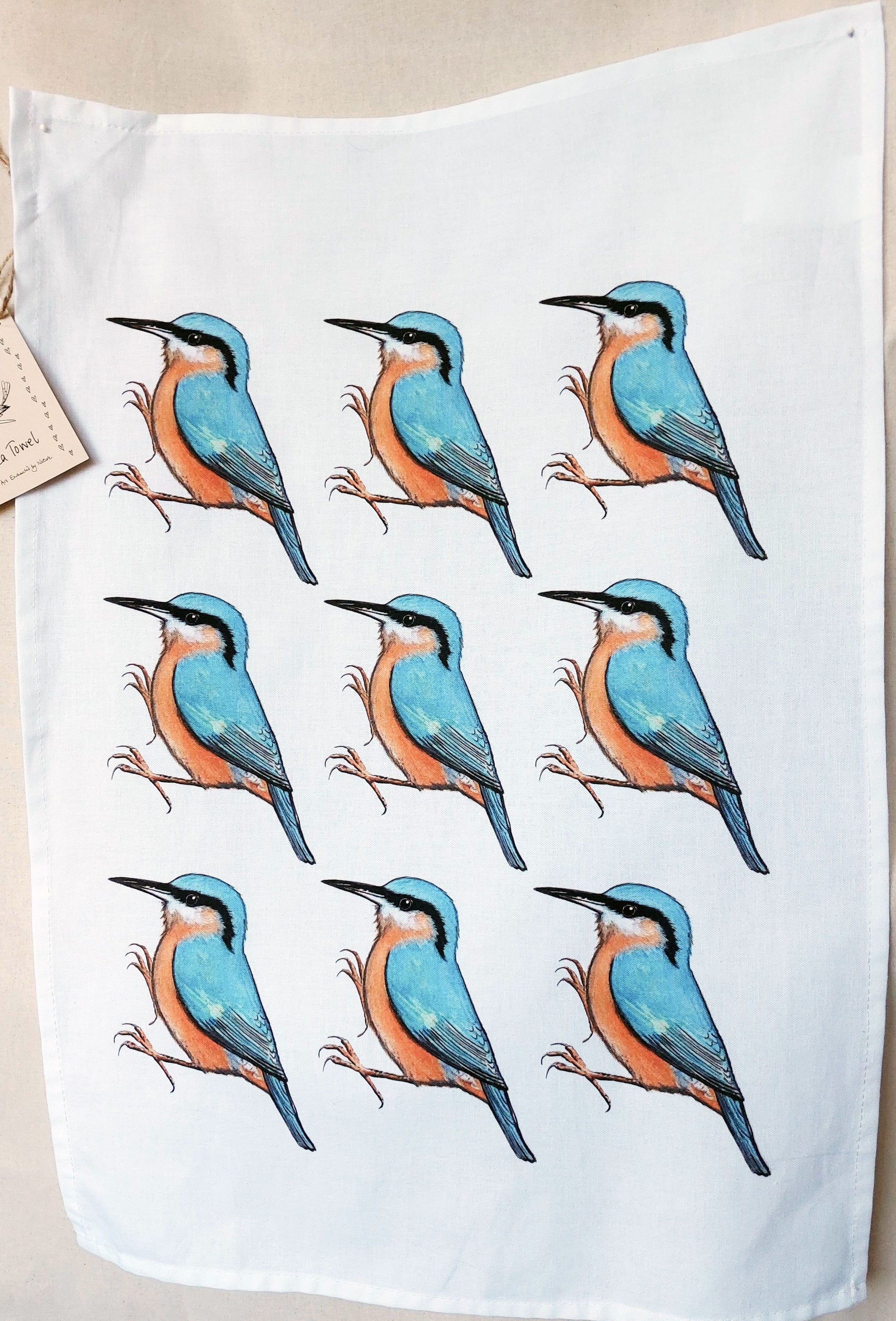 Tea towel with nuthatch by Fairy Flint 