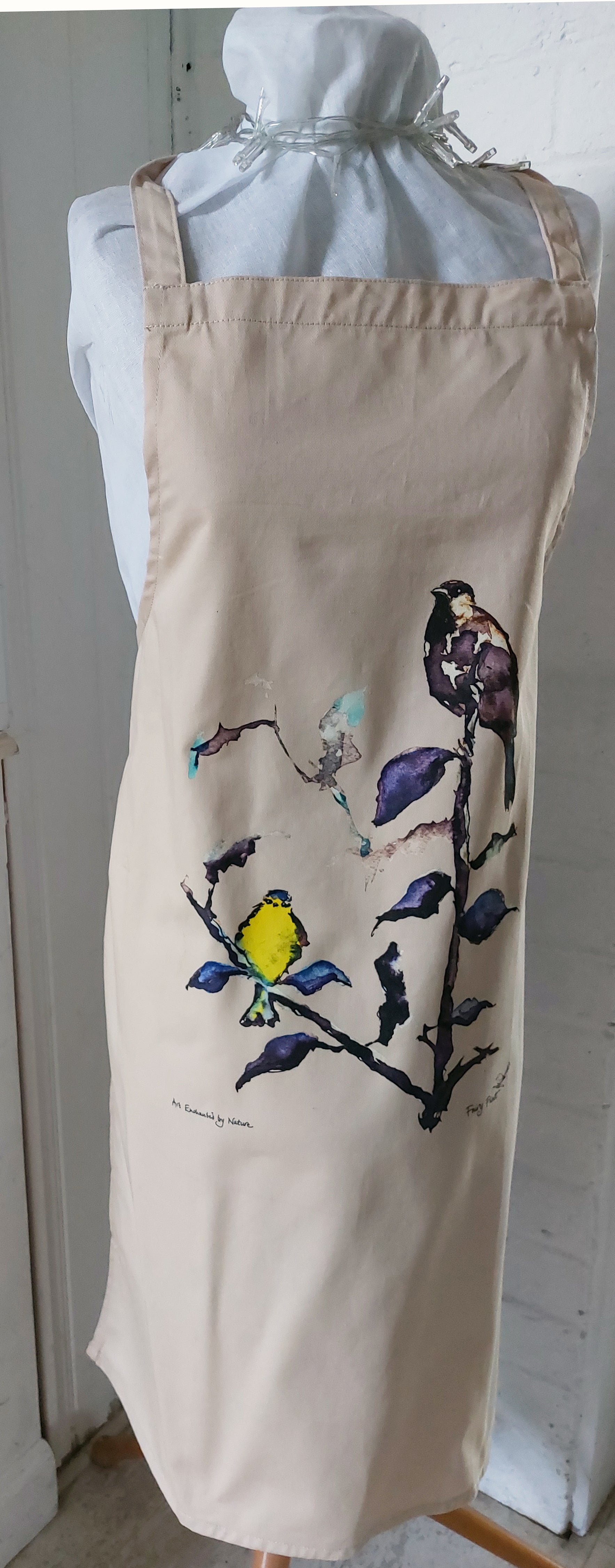 Organic apron with sparrow and blue tit by Fairy Flint 