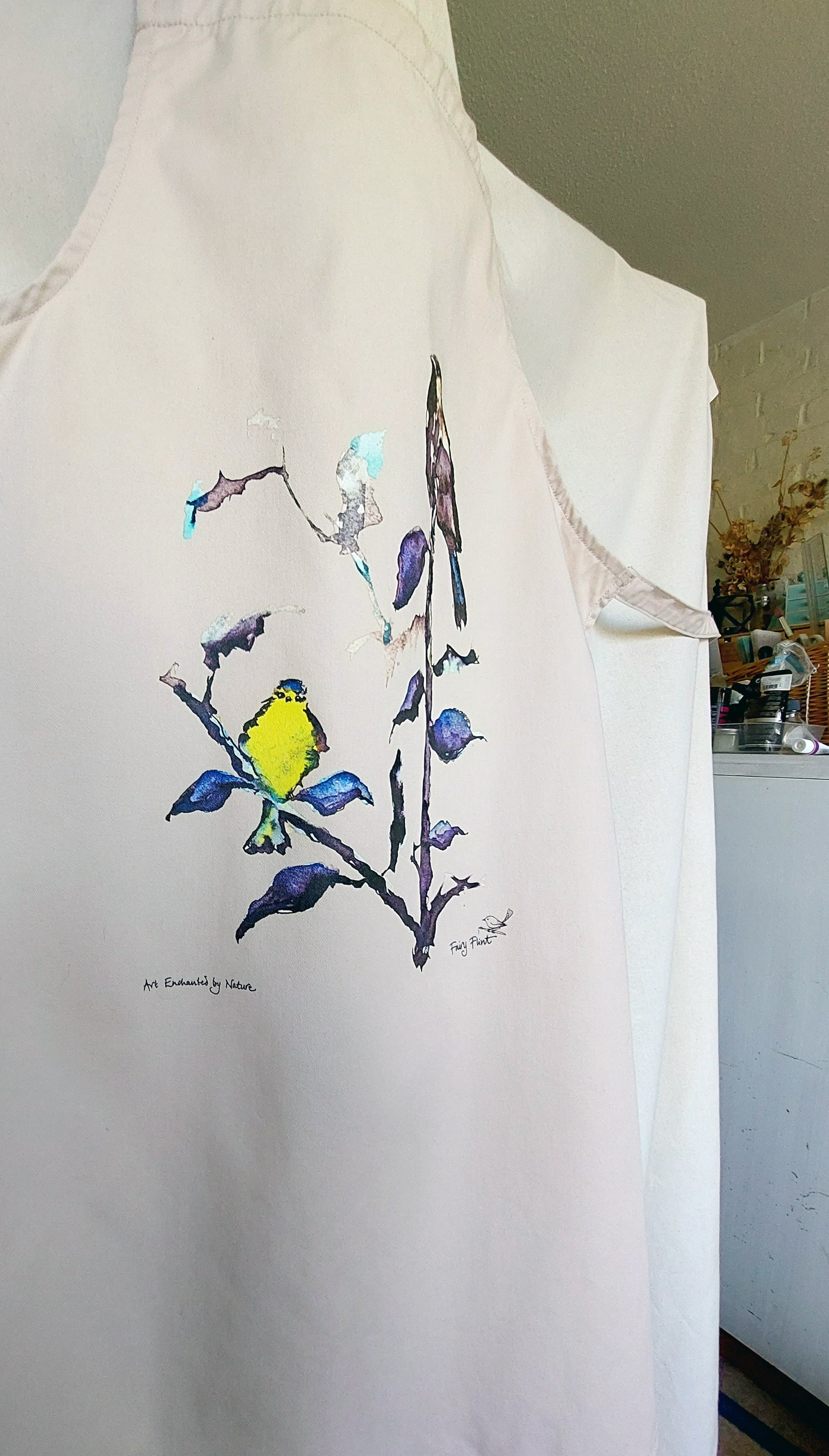 Organic Cotton Apron sparrow and blue tit by Fairy Flint 